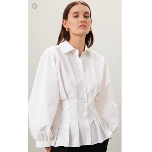 NATORI White Peplum Hem Voluminous Sleeves Techno Polplin Blouse Top Size 4 - Picture 1 of 11